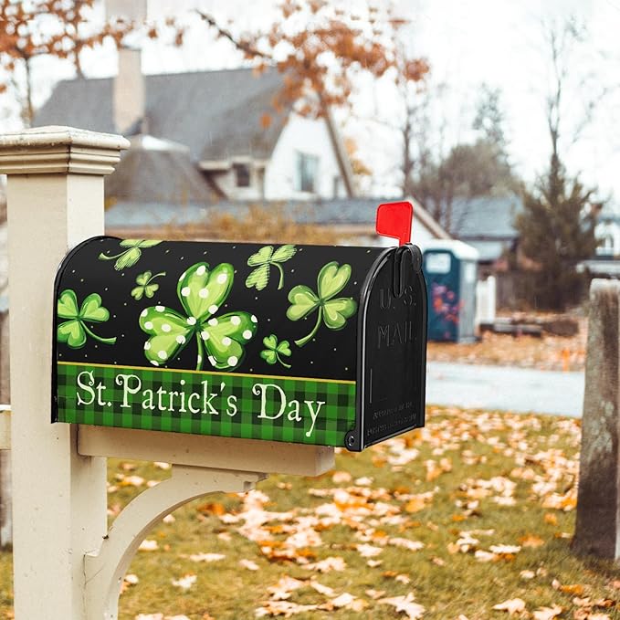 Kawani St Patrick's Day Magnetic Mailbox Covers Green Shamrock Lucky Clovers Mailbox Covers Magnetic Standard Size 25.5x21 Inch St Patricks Day Post Letter Box Cover for Garden Yard Decor