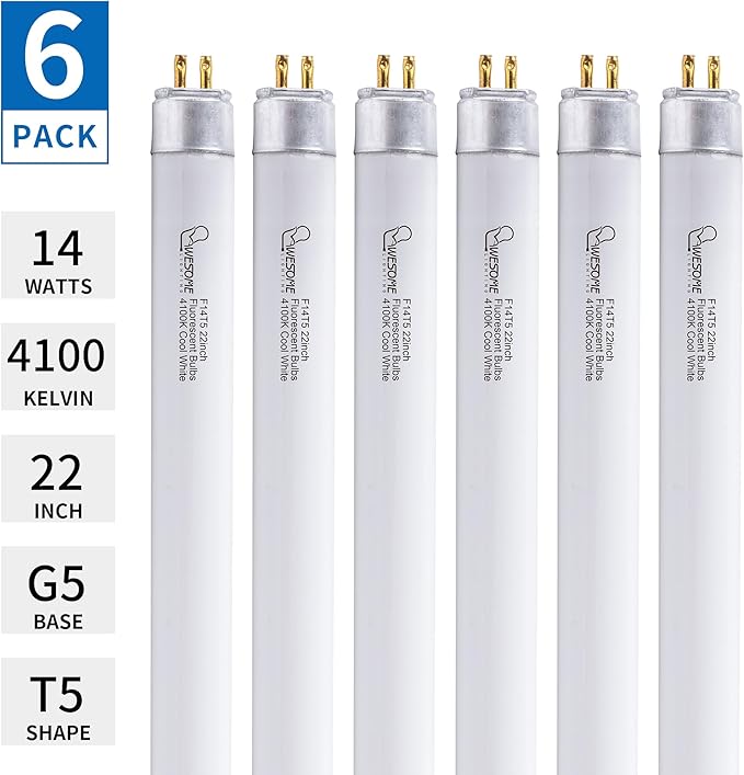 22 Inch F14T5/CW Fluorescent Light Bulb, 4100K Cool White, T5 14 Watt Fluorescent Replacement Bulb for Counter and Cabinet Fixture, G5 Base, 6 Pack