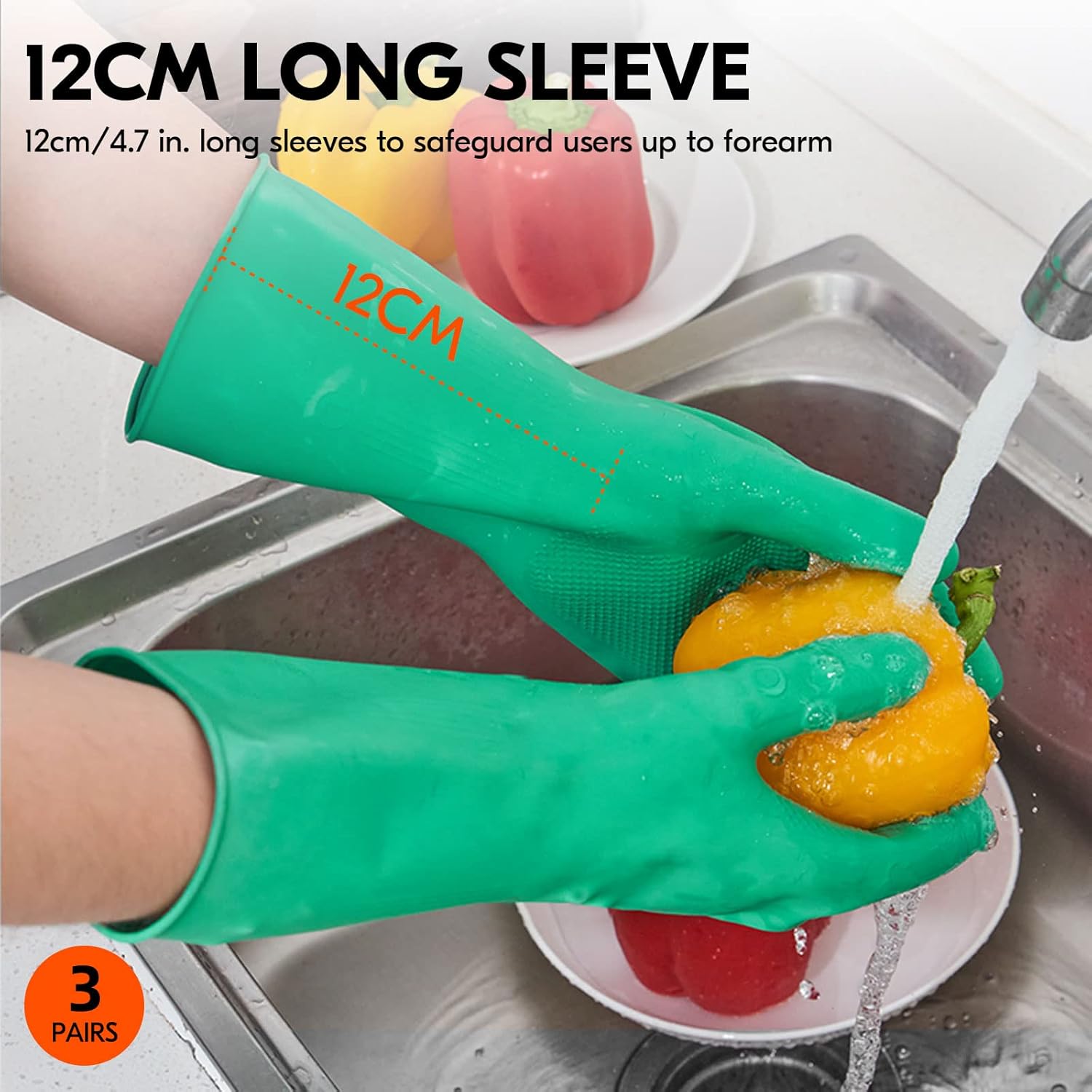 Vgo... 3-Pairs Reusable Household Gloves, Rubber Dishwashing gloves, Extra Thickness, Long Sleeves, Kitchen Cleaning, Working, Painting, Gardening, Pet Care (Size M, Green, HH4601)