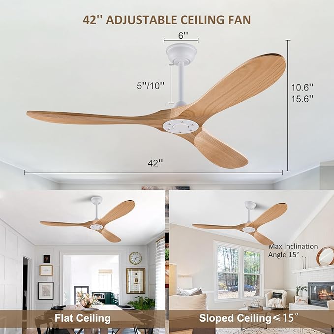 42'' Wood Ceiling Fan without Light, Modern 3 Blades Fans with Remote, Quiet Reversible DC Motor, Indoor Outdoor Energy Saving Ceiling Fan for Bedroom Living Room Patios
