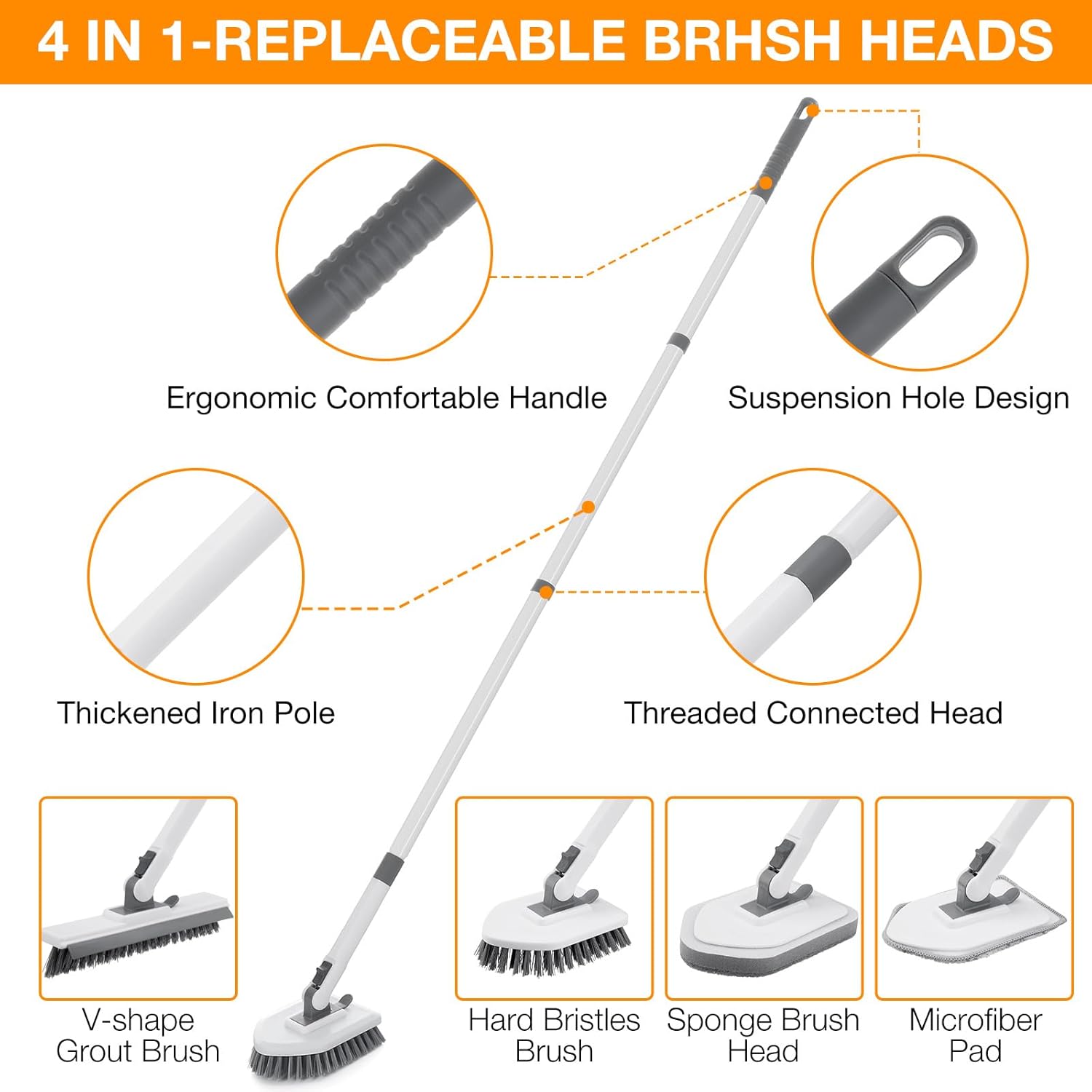 4 in 1 Shower Scrubber Cleaning Brush, Tub and Tile Scrubber with Long Handle, Grout Brush Stiff Bristles Scrub Sponge Brushes Microfiber Pad, for Toilet Bathroom Kitchen Wall Floor Glass Bathtub Sink