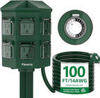 Flexora Outdoor Power Strip with 24-Hour Mechanical Timer, 100 FT Extension Cord Waterproof, 6 Grounded Outlets for Outdoor Christmas Decorations, ETL Listed