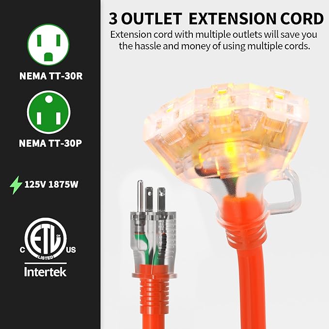 POWGRN 10 FT 12/3 Gauge Extension Cord with Multiple Outlets Outdoor, 3 Outlet Extension Cord Heavy Duty Orange with Lighted, Tri-Tap Power Cable, 12AWG 15Amp 1875Watts 125Volts SJTW, ETL Listed