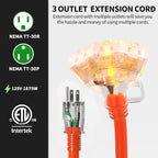 POWGRN 10 FT 12/3 Gauge Extension Cord with Multiple Outlets Outdoor, 3 Outlet Extension Cord Heavy Duty Orange with Lighted, Tri-Tap Power Cable, 12AWG 15Amp 1875Watts 125Volts SJTW, ETL Listed