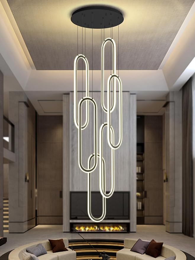 Flashing God Chandelier 6-Rings Contemporary Chandelier for High Ceiling Flush Mount Led Dimmable Large Pendant Lighting Black Ring Chandeliers for Villa Foyer Entrance Living Room