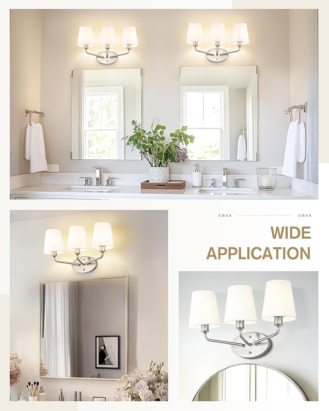 Emak 3-Light Vanity Lights for Bathroom, Brushed Nickel Bathroom Light Fixtures Over Mirror Modern Wall Sconce with Flared White Fabric Shade, VL132-BN-WF-3