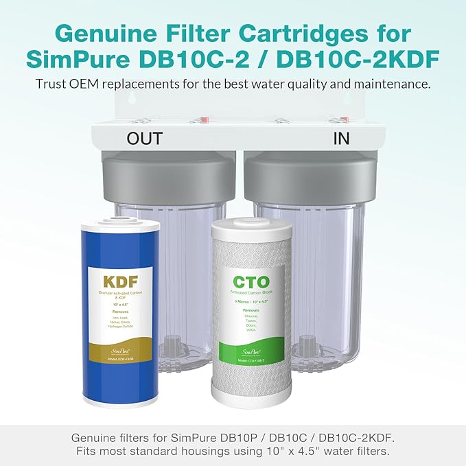 SimPure 2-Stage 10" x 4.5" Whole House Water Filter Replacement, 5 Micron Carbon CTO and GAC/KDF Water Filter Set, 2-Pack
