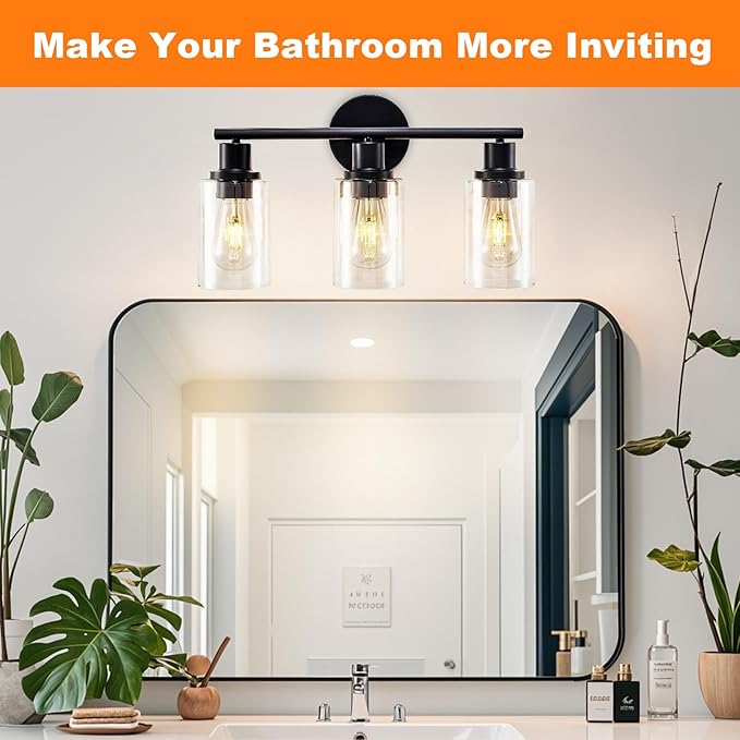 DLLT 3-Light Bathroom Light Fixtures: Black Modern Vanity Lights with 3 E26 Bulbs Base - Clear Glass Shade Bathroom Wall Lamp for Mirror Kitchen Living Room - 2 Packs