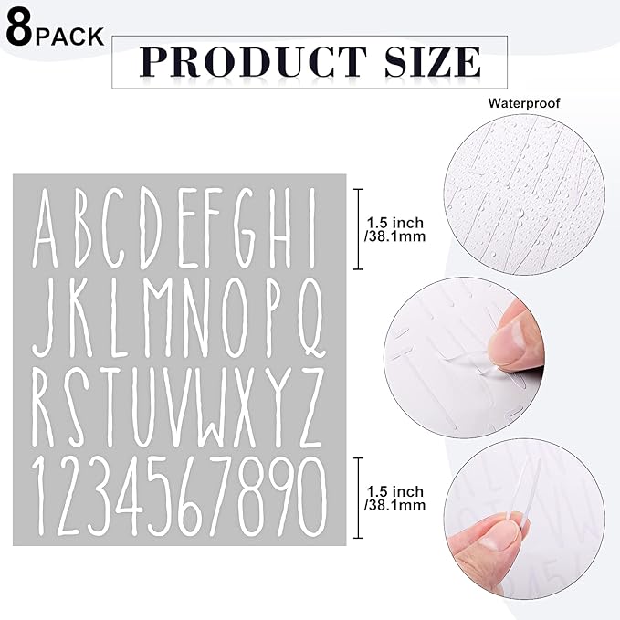 8 Sheets Vinyl Letter Stickers Waterproof Self Adhesive Letter Numbers Alphabet Modern Mailbox Numbers Sticker for Back to School DIY Mailbox House Home Business Address(1.5 Inch,White)