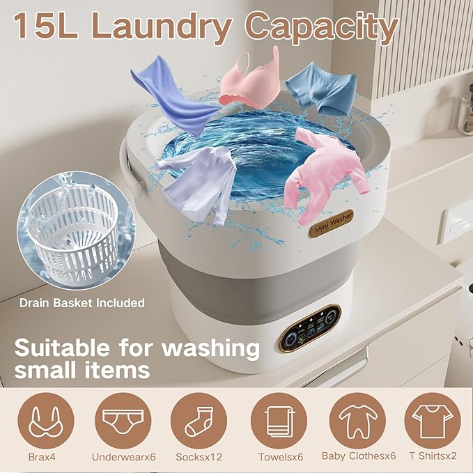 Portable Washing Machine, 15L Mini Collapsible Washer with 3 Cleaning Modes for Baby Clothes, Underwear, Small Foldable Laundry for Travel Apartment Home Dorm Hotel Camping (White+Grey)
