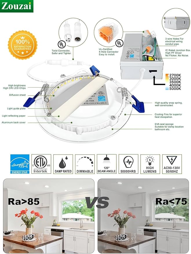 zouzai 1 Pack 6 Inch 5CCT Ultra-Thin LED Recessed Ceiling Light with Junction Box, 2700K/3000K/3500K/4000K/5000K Selectable, 12W Eqv 110W,Dimmable, led can Lights- ETL and Energy Star Certified