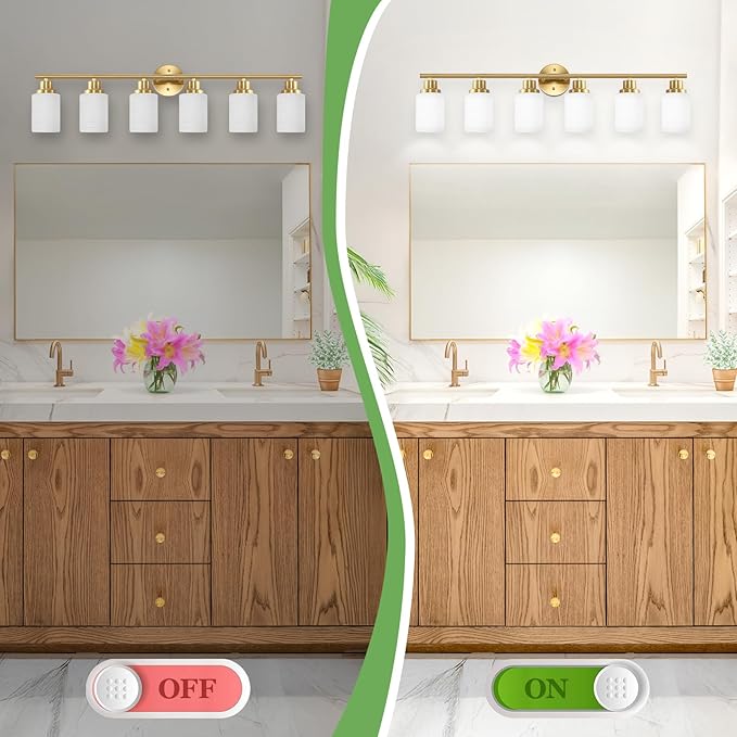 6-Light Vanity Lights, Brushed Gold Bathroom Light Fixture with Striped Textured Milky White Glass Shade, E26 Wall Sconce, Modern Vanity Lighting Fixture for Bathroom Wall Light Over Mirror