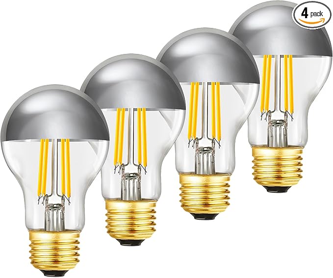 Dimmable Half Chrome Light Bulb, 6W Equivalent 60W,E26 A19 Silver Dipped Bulb, Anti Glare LED Light Bulbs, A60 3000K Soft White Light Bulbs, AC120V,Pack of 4