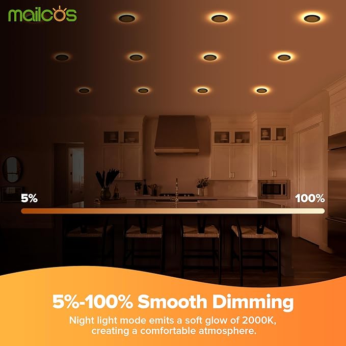 MAILCOS 12 Pack Black 4 Inch 5CCT LED Recessed Ceiling Light with Night Light, 2700K-5000K Selectable, Ultra-Thin Lighting, 12W=110W, 1050LM, Dimmable Canless Wafer Downlight ETL Certificated