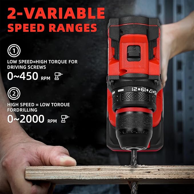 Power Drill, Cordless Drill with 2 × 2.0Ah Batteries, 3/8 inch Cordless Drills, 45Nm Small Drills Cordless, electric drill&LED Light, power drill cordless for Drilling and Tightening/Loosening Screws