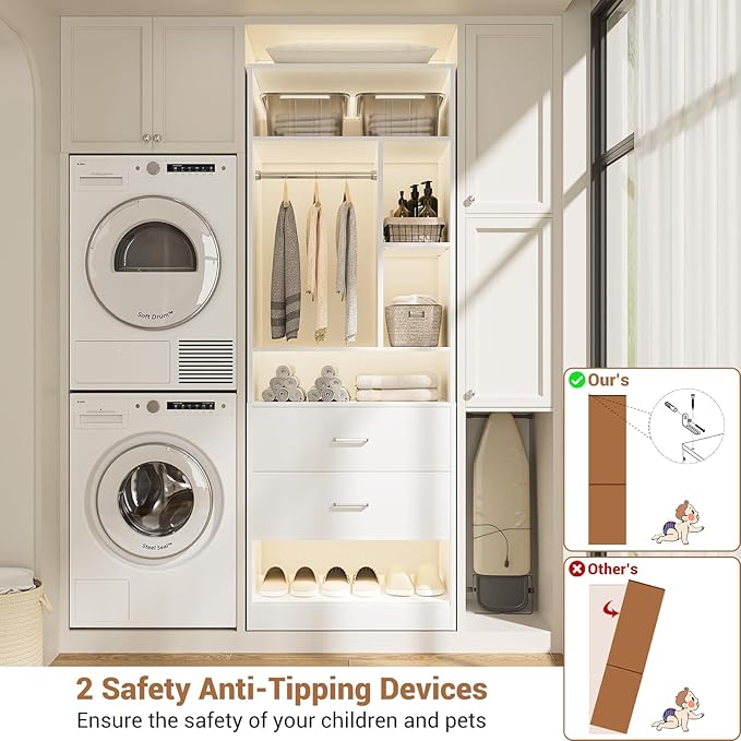 24 Inches Closet System with 2 Wood Drawers, 2FT Small Closet Organizer System with 6 Shelves, Walk-in Closet Systems for Small Closets, Built-In Garment Rack, White (24"L x 15"W x 80"H)