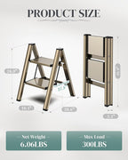 GameGem 2 Step Ladder, Folding Step Stool with Wider Pedal, Anti-Slip Feet & Non Slip Stripes, Aluminum Sturdy Material, 300Lbs Capacity, Elegant Look of Champagne Gold Better Matches Your Home