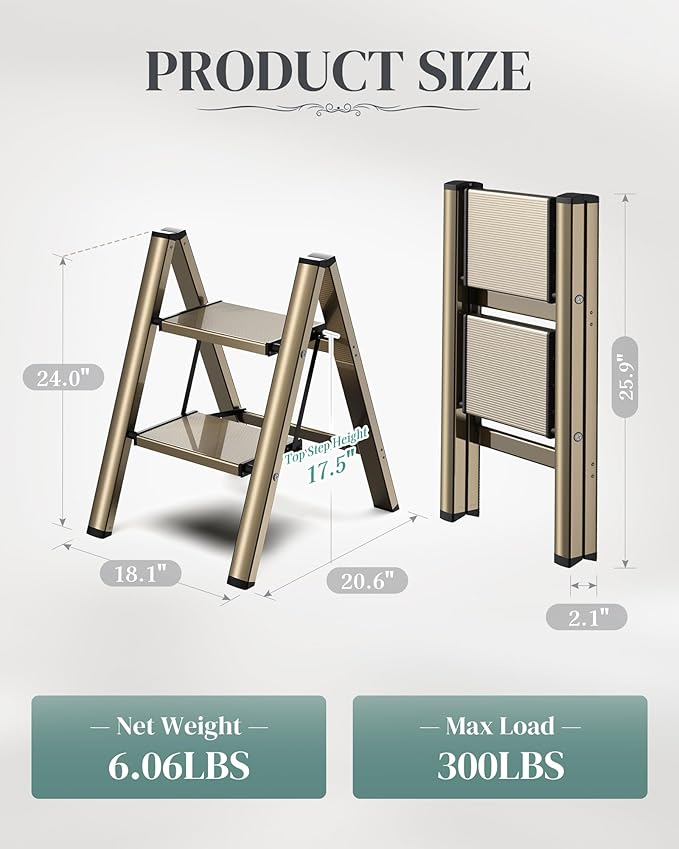 GameGem 2 Step Ladder, Folding Step Stool with Wider Pedal, Anti-Slip Feet & Non Slip Stripes, Aluminum Sturdy Material, 300Lbs Capacity, Elegant Look of Champagne Gold Better Matches Your Home