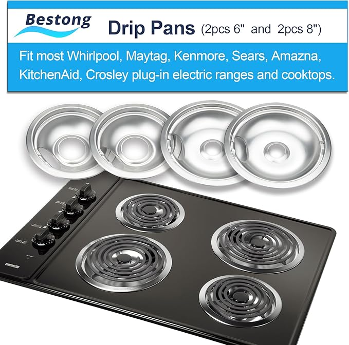 Premium Drip Pan Electric Stove Burner Covers for Whirlpool, Maytag, Kenmore - Replacement for W10278125, W10196405 & W10196406-4 Pack (2x6" and 2x8")