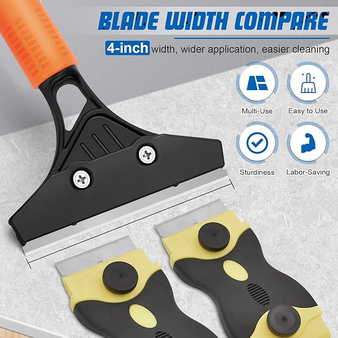 Razor Blade Floor Scraper with Long Handle, 4 Inch Floor Scraper Tools Heavy Duty with 10PCS Extra Metal Blades,Paint Scrapers for Cleaning Wall Glass Floor Paint Gum Stains Stickers Linoleum