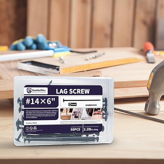 Lag Screws 6 Inch, 50PCS Heavy Duty Construction Screw, Structural Wood Screw #14 x 6, Rust Resistant, Washer Head, Black Coated Exterior Wood/Lag Screws Hex Socket Included