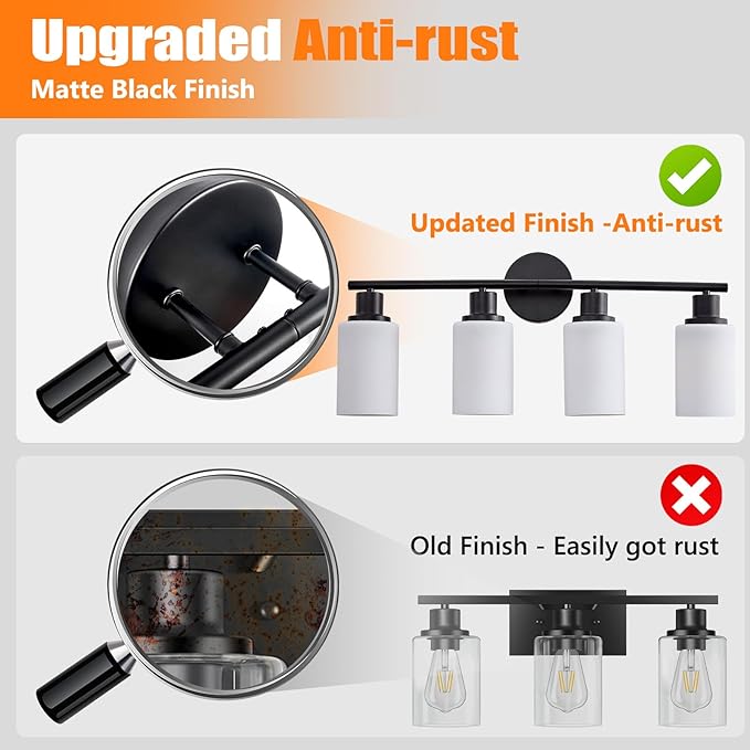 DLLT 4-Light Bathroom Light Fixtures: Black Modern Vanity Lights with E26 Bulbs - Milky White Glass Shade Bathroom Wall Lamp for Mirror Kitchen Living Room Hallway Cabinet Porch