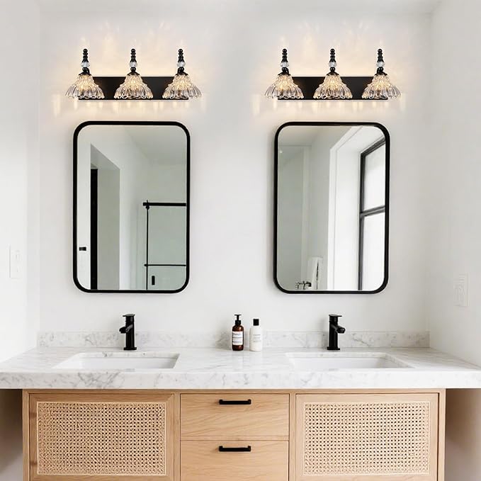 Vintage Bathroom Vanity Light, 3-Light Black Vanity Lighting Fixture with Flower Glass Shade, Bathroom Lighting Fixtures Over Mirror