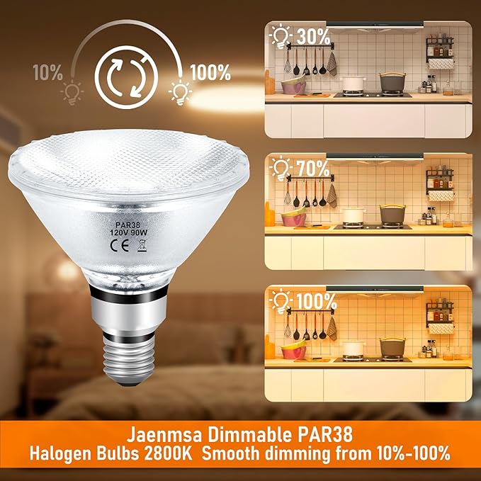 PAR38 Halogen Flood Light Bulbs 90W 120V, 2Pcs PAR38 Halogen Light Bulbs with E26 Base, 2800K Warm White, 4050 Lumens for Indoor and Outdoor