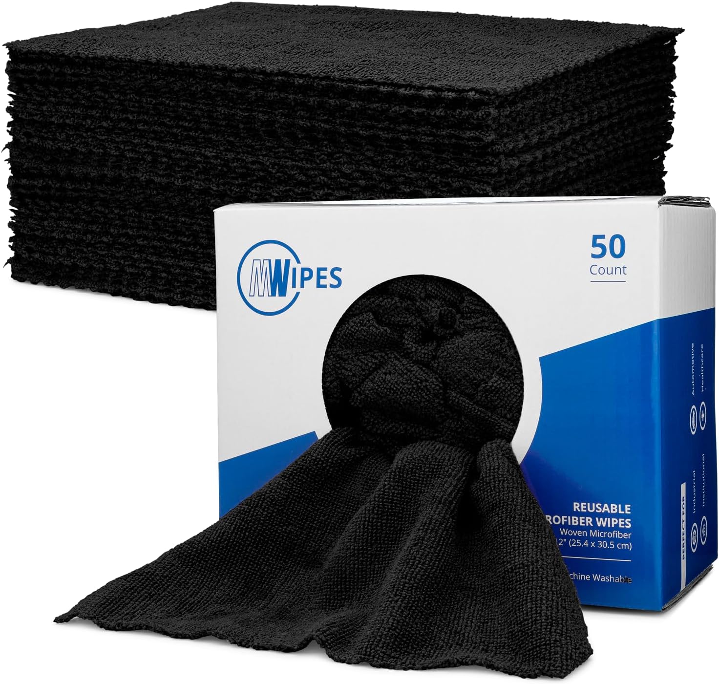 Black Microfiber Shop Towels | MWipes Reusable Shop Rags | 50 Rags in a Box | Super Absorbent, Machine Washable Hundreds of Times | Automotive, Paint, Industrial, Detailing