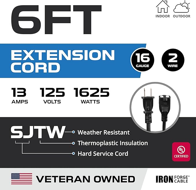 Iron Forge Cable 6 ft Black Extension Cord, 16/2, 6 Foot Extension Cord with 2 Prong Polarized Plug, Weatherproof - Great for Outdoor & Indoor Use
