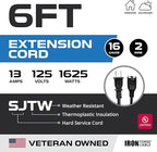 Iron Forge Cable 6 ft Black Extension Cord, 16/2, 6 Foot Extension Cord with 2 Prong Polarized Plug, Weatherproof - Great for Outdoor & Indoor Use