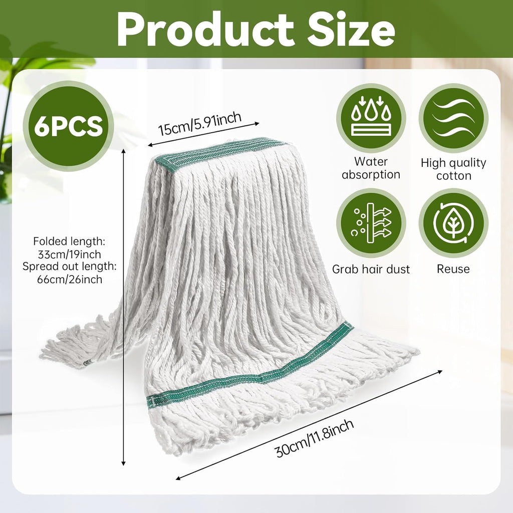 6 Pack Heavy Duty Commercial Cleaning Mop Head Replacements, Loop-End Cotton String Wet Mop Heads Refills Industrial Mops Heads for Commercial Garage Kitchen Home Floor Cleaning