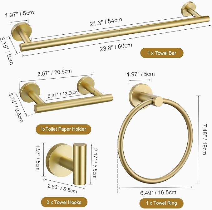TURS Brushed Gold 5 Piece Bathroom Hardware Set, SUS304 Stainless Steel Bath Towel Bar Set, 23.6 Inch Round Bathroom Accessories Kit Wall Mounted