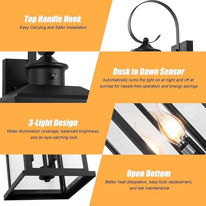 24" Dusk to Dawn Porch Lights Outdoor 3-Light, Black Modern Large Wall Light Fixture Lantern, Waterproof Exterior Lighting Sconce Wall Mount, Outside Lamp for Farmhouse Doorway Patio E12