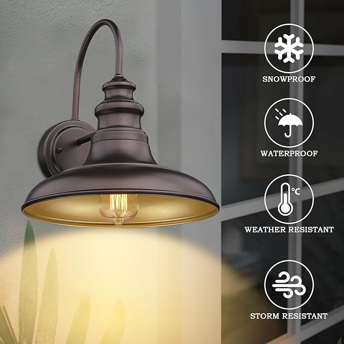 Outdoor Barn Light Fixture Farmhouse Wall Mount Light Gooseneck Wall Sconce Exterior Wall Lighting Fixture Industrial Bronze Finish Lantern for Porch with Gold Interior, 2Pack, RZ004-2PACK ORB