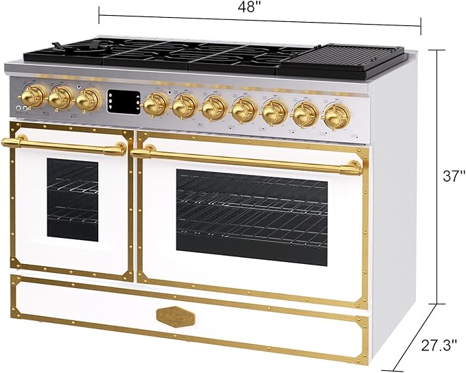 Akicon 48" Freestanding Gas Cooktop Oven Combo, Features 8 Sealed Burners, 6.7 Cu.ft Rapid Convection Oven, Convertible Fuel (NG/LP), Durable Cast Iron Grating (SWGBGGA1)