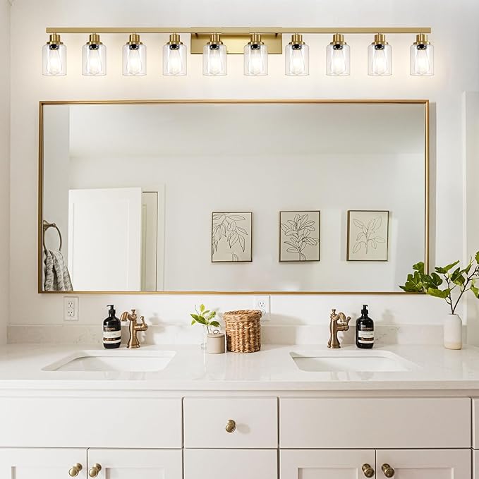Gold Bathroom Vanity Light,10-Light Brushed Gold Bathroom Light Fixtures with Clear Glass,64.5in Wall Lamp Sconces for Mirror Bedroom,Living Room Hallway,E26