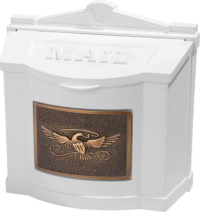 Gaines Wallmount Mailbox - Powder Coated Aluminum with Solid Brass Accents - Mounting Hardware Included (White with Antique Bronze Eagle)