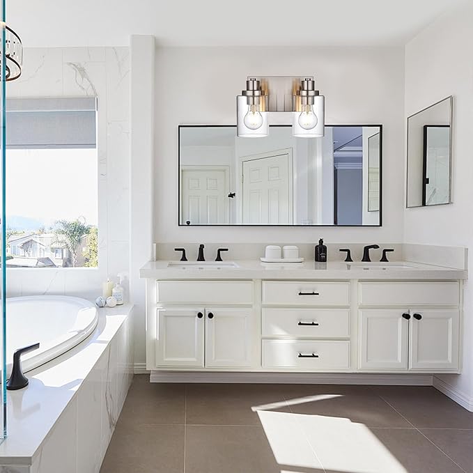 2 Light Vanity Light Fixtures - Brushed Nickel, Modern Design with Clear Glass Shade, Farmhouse Style Over Mirror Lighting