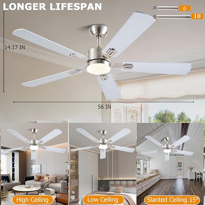 56 inch Ceiling Fans with Lights and Remote/App Control, DC Reversible Motor, Dimmable, Double-Side Blades, 6 Speeds Low Profile Modern Ceiling Fan for Livingroom, Indoor/Outdoor（Nickel）
