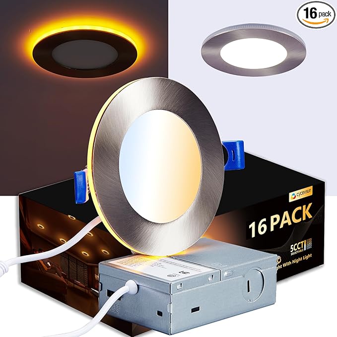 CycevSun Brushed Nickel Recessed Lighting 4 Inch with Night Light 16 Pack, Canless Ultra Thin Wafer Downlight Outdoor Exterior Soffit, Dimmable & 5CCT Selectable, 9W, ETL & Energy Star