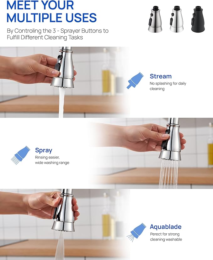 Kitchen Faucet Head Replacement, Pull Down Faucet Spray Head, 3 Function Faucet Tap Spout Sprayer Nozzle for Kitchen Faucet with 11 Adapters, Chrome