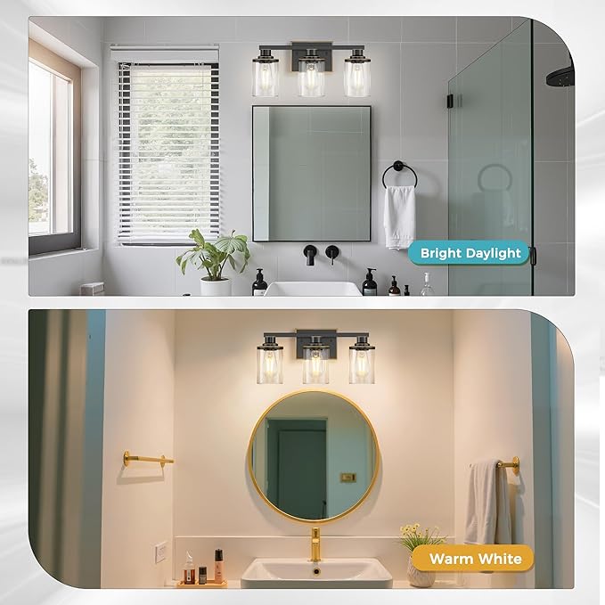 DORESshop 17 Inch Bathroom Light Fixtures, 3-Light Black with Gold Trim Bathroom Lighting Fixtures Over Mirror with Clear Glass Shade, Vanity Lights for Living Room Bedroom