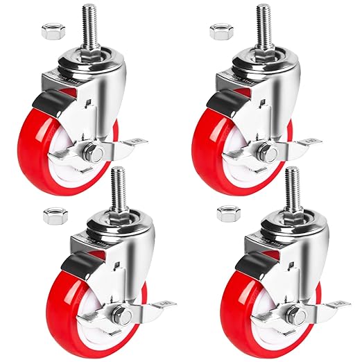 Stainless Steel Caster Wheels 4 inch, 1/2"-13x1-1/2 Threaded Stem Casters with Side Brake Set of 4, Non-Marking Slient Polyurethane PU Wheels for Furnitures,Restaurants,Labs,Hospitals
