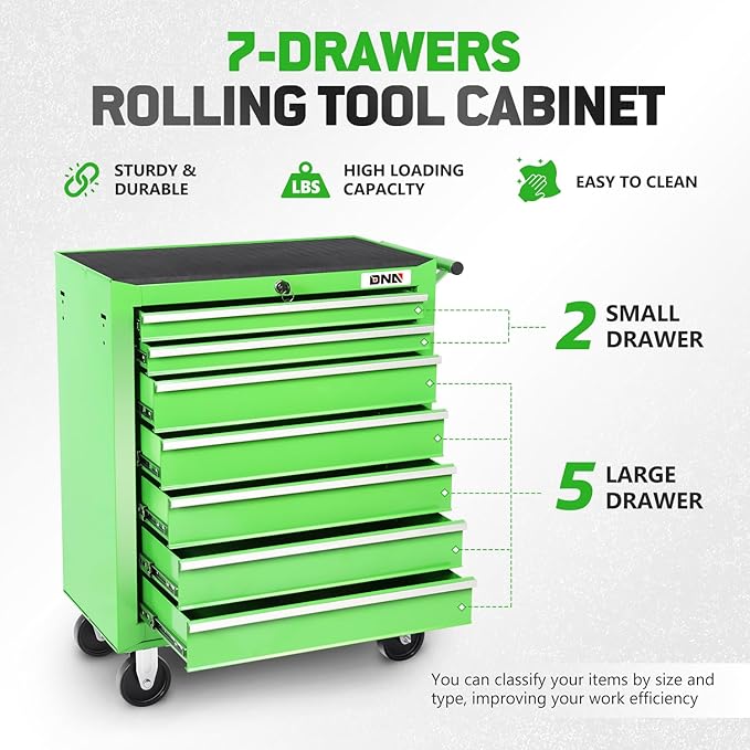 DNA MOTORING 7-Drawer Rolling Tools Chest, Rolling Tool Storage Cabinet, Heavy Duty Mechanic Tool Cart, Trolley Organizer for Garage, Warehouse, Workshop, Green, TOOLS-00399