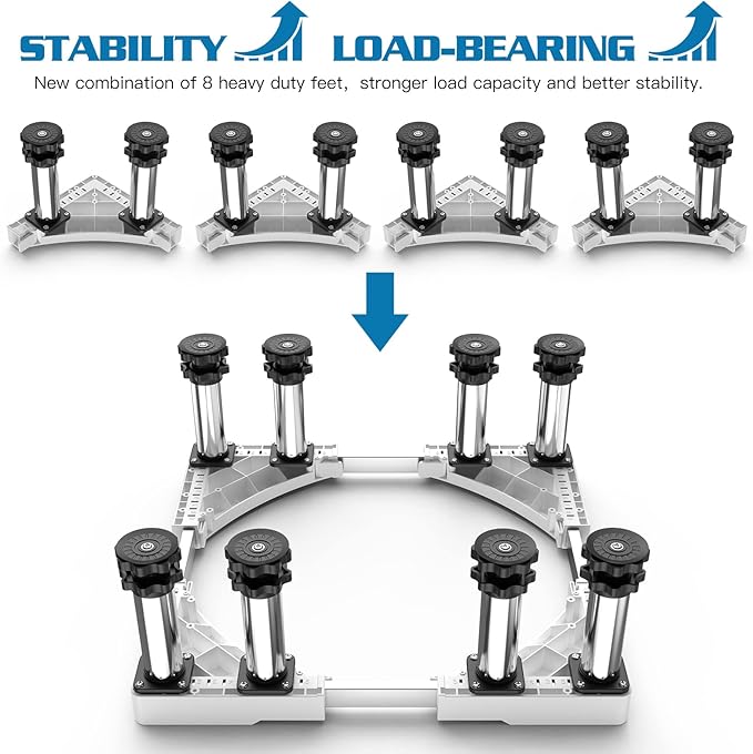 SEISSO Mini Fridge Stand Height 7"-8.2". Upgraded 8 Heavy Duty Feet Adjustable Washing Machine Stand, Load Capacity 992LB. Refrigerator Stand, Washer and Dryer Stand for Home Width 17.7"-25.6"