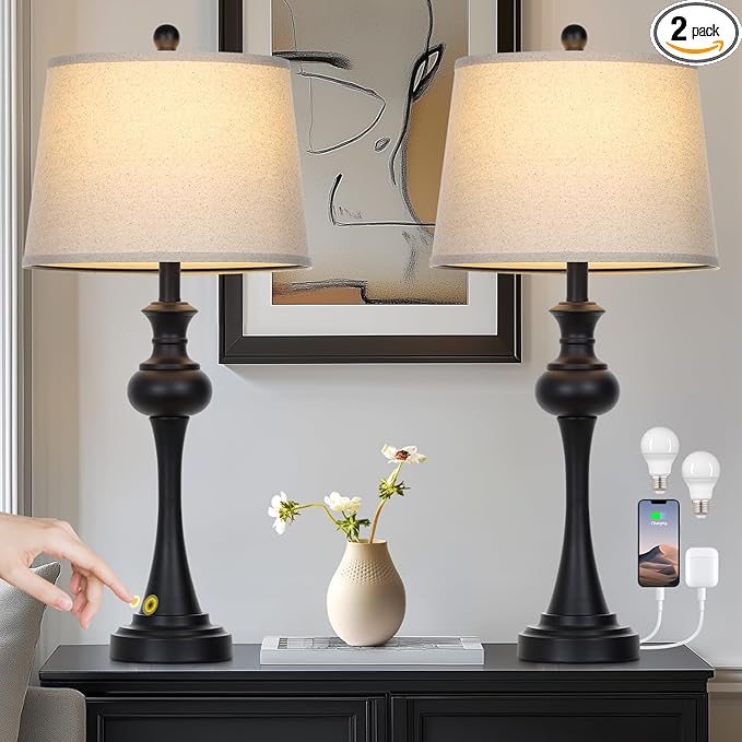 28.75" 3-Way Touch Control Modern Table Lamp Set of 2 for Living Room, Bedside Lamp with USB A+C Ports, Mid Century Black Table Lamps, Nightstand Lamps Set,Beige Fabric Shade Vintage Accent Style