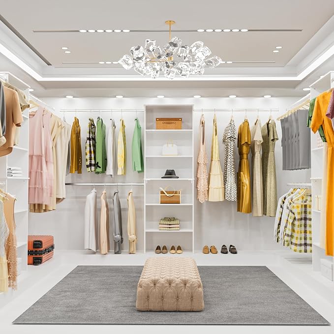 Closet System, 25.5" Wide Closet Organizer System with 3 Hanging Rods, Wood Tower Closet Storage for Walk In Closets, Wall Mounted Wardrobe Organizer Kit, Bedroom, Fit Space 6-10 ft, White