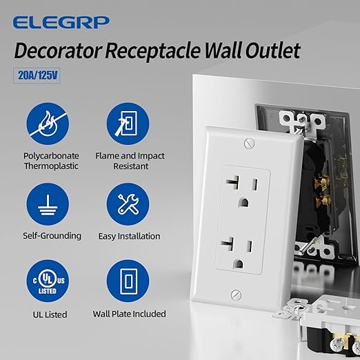 ELEGRP Glossy White Decorator Electrical Wall Outlet Receptacle, 20A 125V Standard Outlets, 2 Pole 3 Wire, Non-Tamper Resistant, NEMA 5-20R, Self-Grounding, Wall Plate Included, UL Listed, 20 Pack