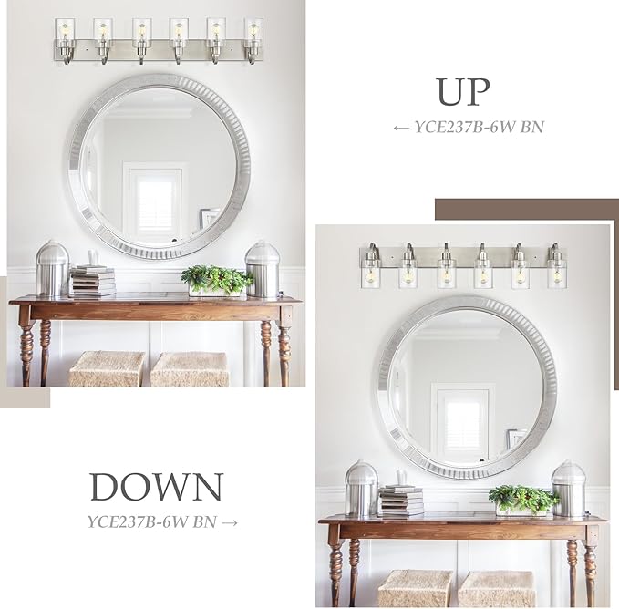 Emliviar Large Bathroom Wall Light, 6-Light Industrial Bathroom Lighting Fixtures Over Mirror, Brushed Nickel Finish with Clear Glass, YCE237B-6W BN